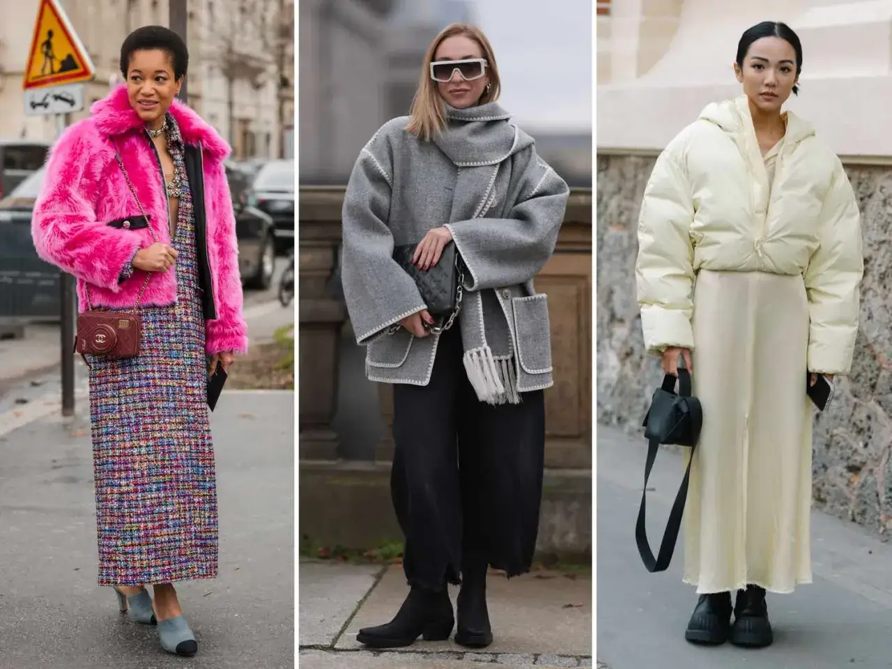 Drei Frauen pr&auml;sentieren Outfits: eine mit pinker Kunstpelzjacke und Tweedkleid, eine mit grauer Jacke und Schal, und eine mit gelber Daunenjacke und langem Kleid. Jede Kombination zeigt eine stilvolle Jacke zum Kleid.