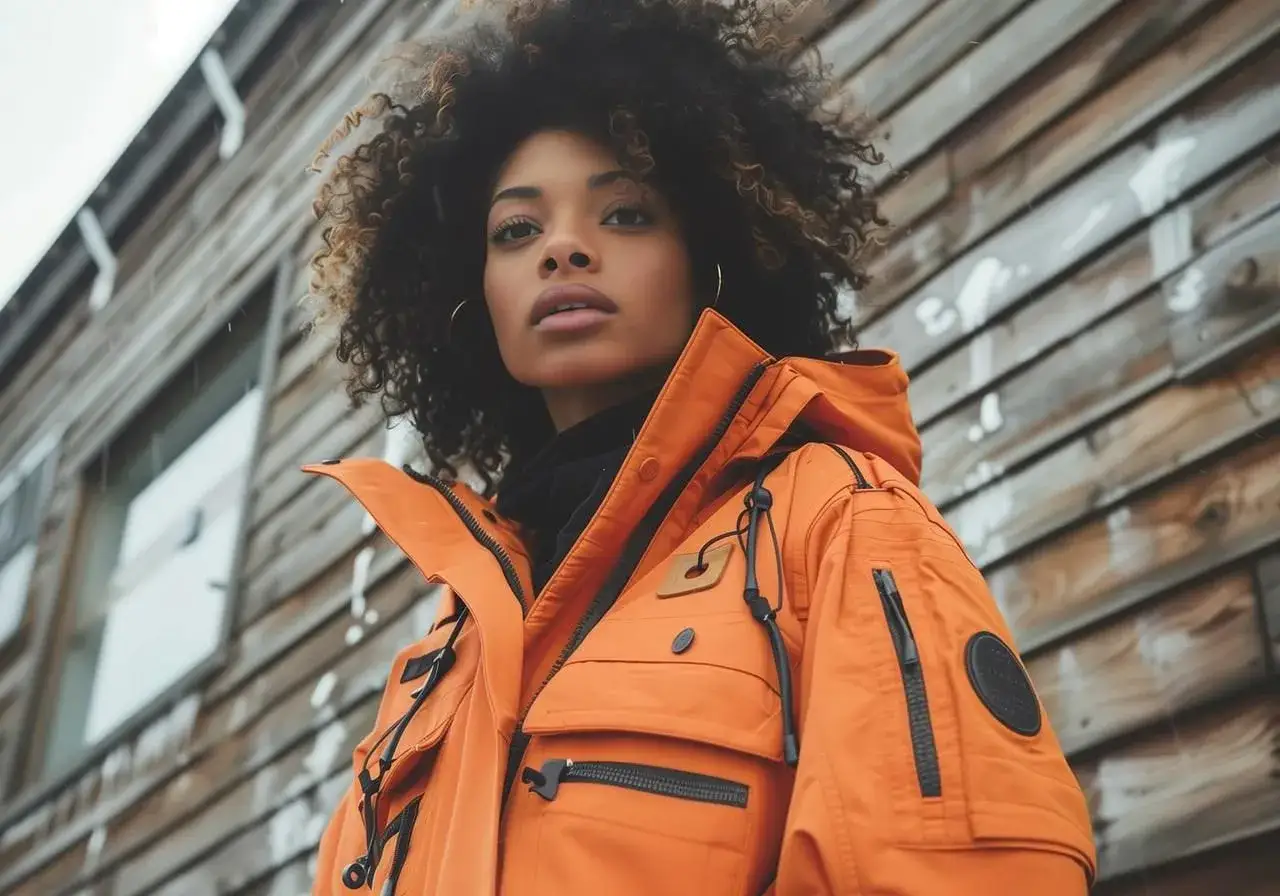 Frau im auffälligen orangefarbenen Parka, bereit für jedes Abenteuer im Gorpcore-Style.