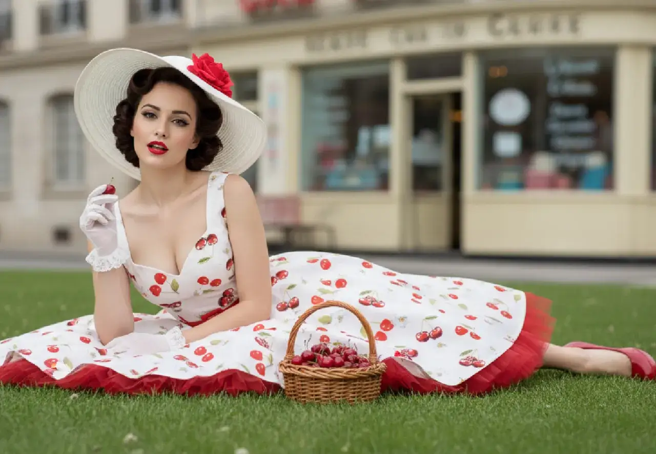 Eine Frau im Vintage-Stil mit Kirschenkleid und Hut genie&szlig;t Kirschen im Gras. Das Outfit verk&ouml;rpert, was bedeutet vintage.