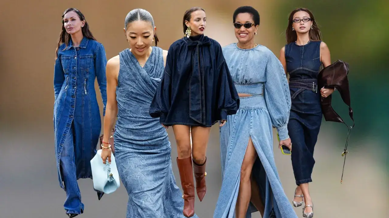 F&uuml;nf Frauen pr&auml;sentieren verschiedene Arten, ein Jeanskleid zu kombinieren: von l&auml;ssig bis elegant, mit unterschiedlichen Schnitten und Accessoires.