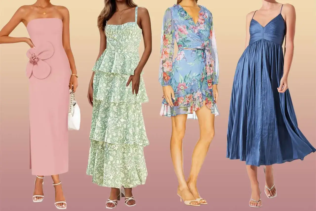 Vier festliche Kleider f&uuml;r Damen: Rosa tr&auml;gerlos mit Blumenapplikation, mintgr&uuml;n mit R&uuml;schen, blau gebl&uuml;mt mit Volants und ein blaues Maxikleid. Inspiration, was zieht man zur Hochzeit an als Gast Frau.