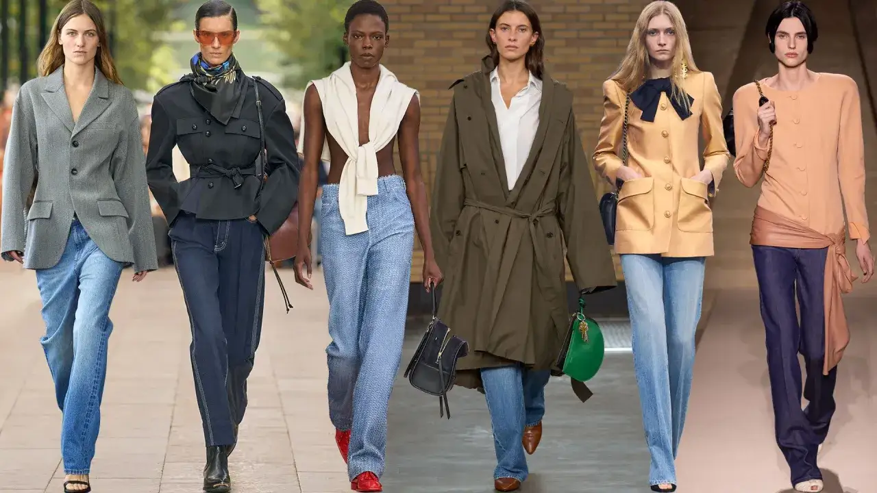 Models präsentieren verschiedene Outfits, wie man bootcut jeans kombinieren kann: von lässig mit Blazer bis elegant mit Trenchcoat.