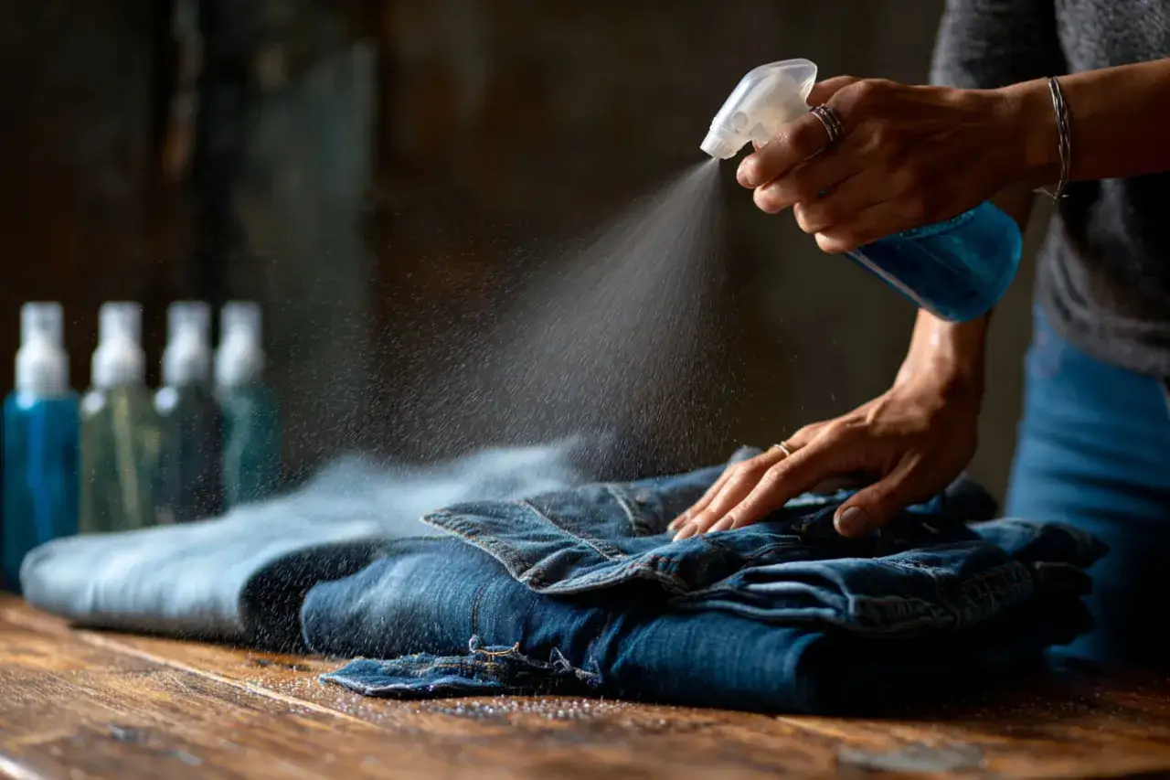 Hände sprühen eine Flüssigkeit auf gefaltete Jeans, um sie weicher zu machen. Mehrere Sprühflaschen stehen im Hintergrund.