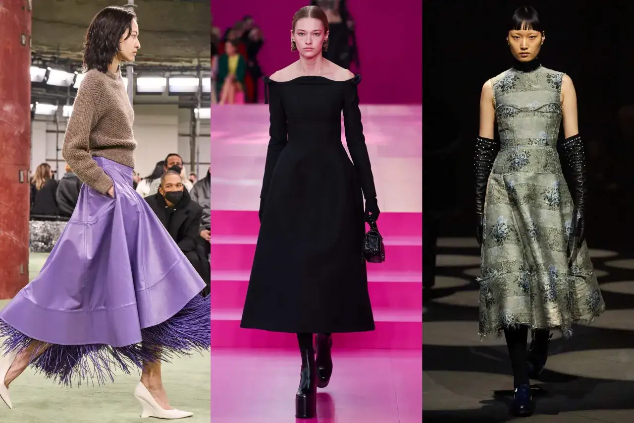 Drei feminine Frauen pr&auml;sentieren auf dem Laufsteg modische Outfits: ein lila Fransenrock, ein schwarzes Kleid und ein gemustertes Kleid mit Handschuhen.