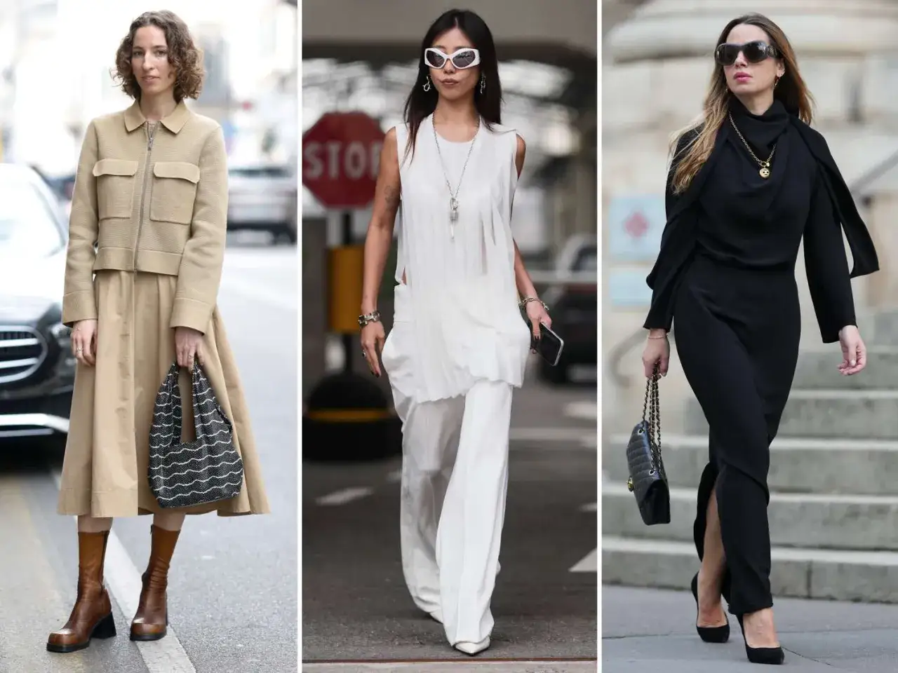 Drei Frauen präsentieren zeitlose Kleidung: beige Midikleid mit Jacke, weißer Hosenanzug und elegantes schwarzes Outfit.