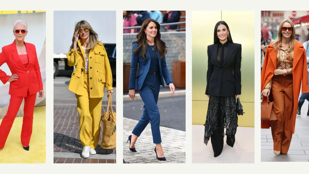 F&uuml;nf Frauen in farblich abgestimmten Outfits: Rot, Gelb, Blau, Schwarz und Orange. Die monochrome Farbgestaltung betont die Eleganz der Looks.