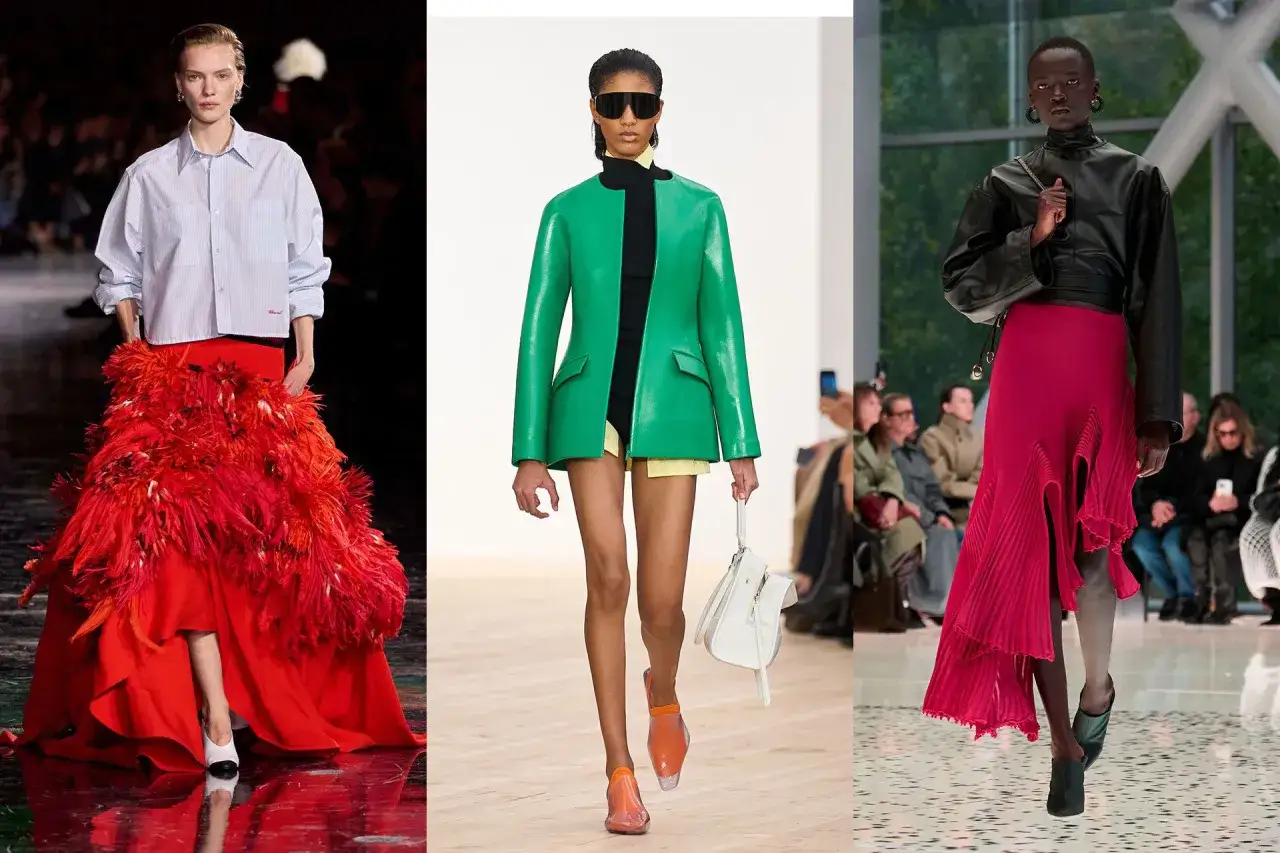 Modenschau-Looks in leuchtenden Farben: Federrock in Rot, gr&uuml;ne Lederjacke und pinker Faltenrock &ndash; aktuelle Trendfarben.