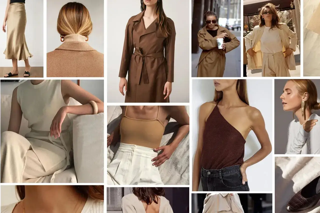 Beige-Töne harmonieren wunderbar mit Braun und Camel. Mode-Inspirationen zeigen elegante Outfits, die zeigen, welche Farbe passt zu Beige.