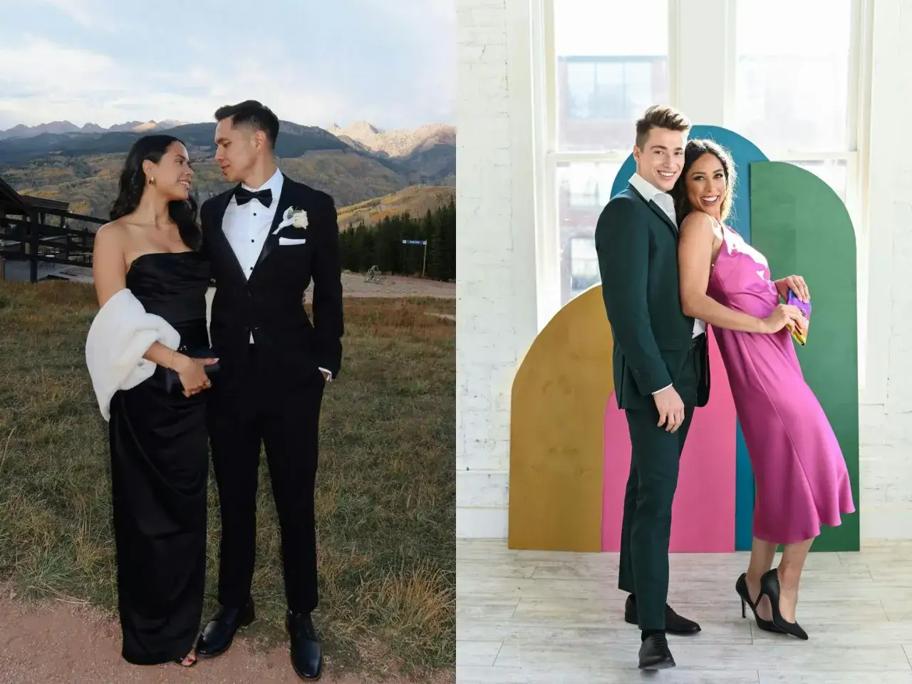 Ein Paar in festlicher Abendgarderobe, links vor Bergkulisse, rechts vor bunten B&ouml;gen. Ihr tenue de ville passt perfekt zu jedem Anlass.