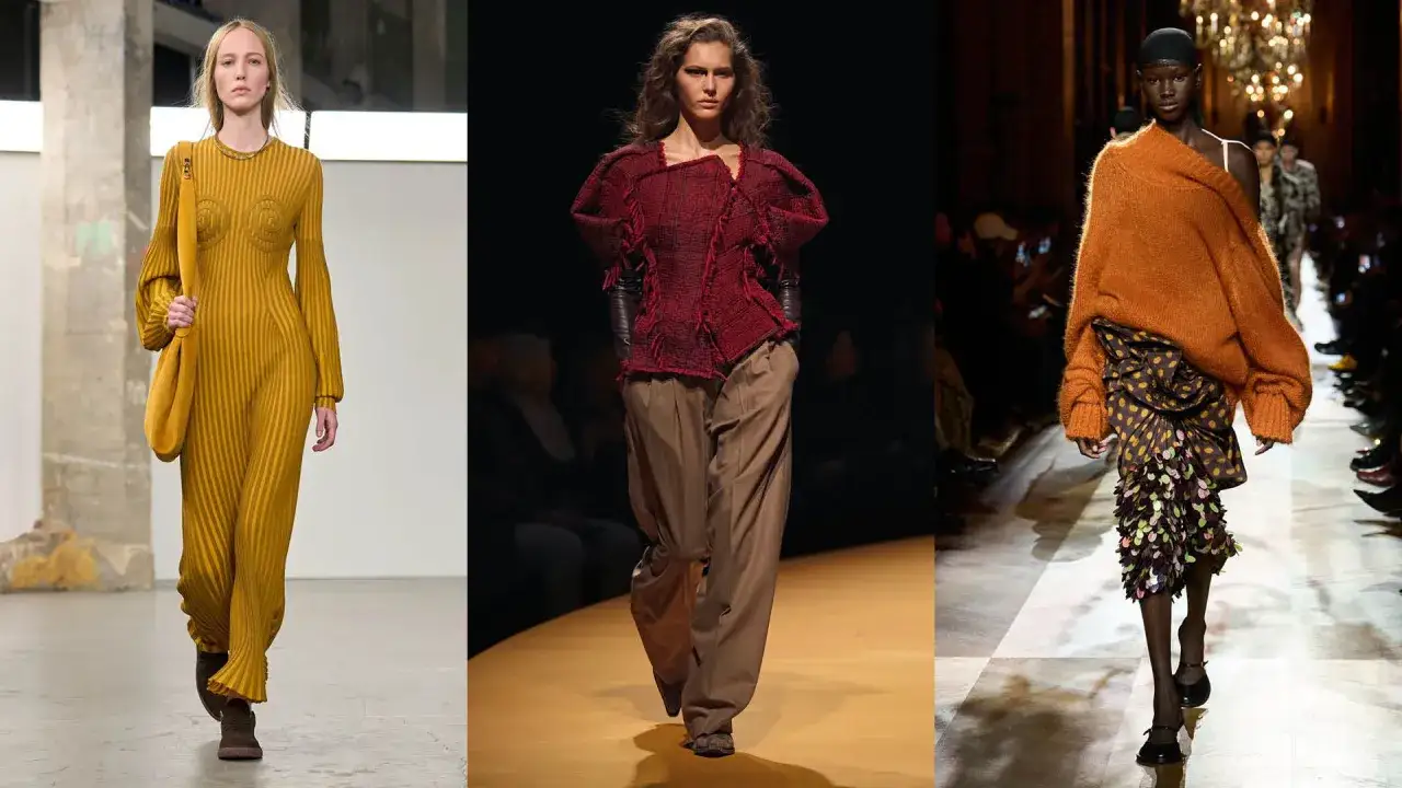 Models präsentieren Mode in gedeckten Farben: ein senfgelbes Strickkleid, ein weinrotes Oberteil mit weiten Hosen und ein orangefarbener Oversize-Pullover.