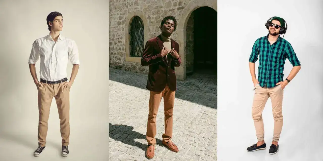 Drei Männer in Khaki-Hosen. Ein Mann trägt ein weißes Hemd, ein anderer einen braunen Anzug und ein dritter ein kariertes Hemd. Sie zeigen, welche Farbe passt zu Khaki.