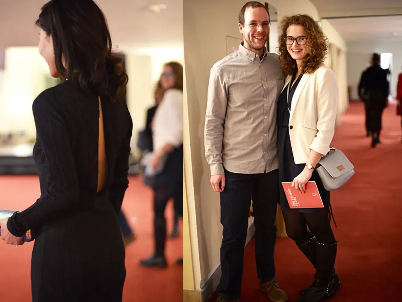 Elegant gekleidet f&uuml;r die Oper: Eine Frau in schwarzem Kleid mit R&uuml;ckenausschnitt und ein Paar in schicker Abendgarderobe.