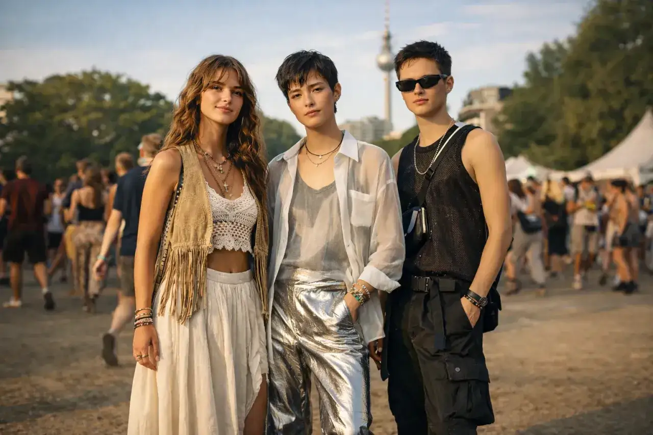 Drei junge Menschen in einem Festival-Setting, die einen lässigen, minimalistischen Stil zur Schau stellen.