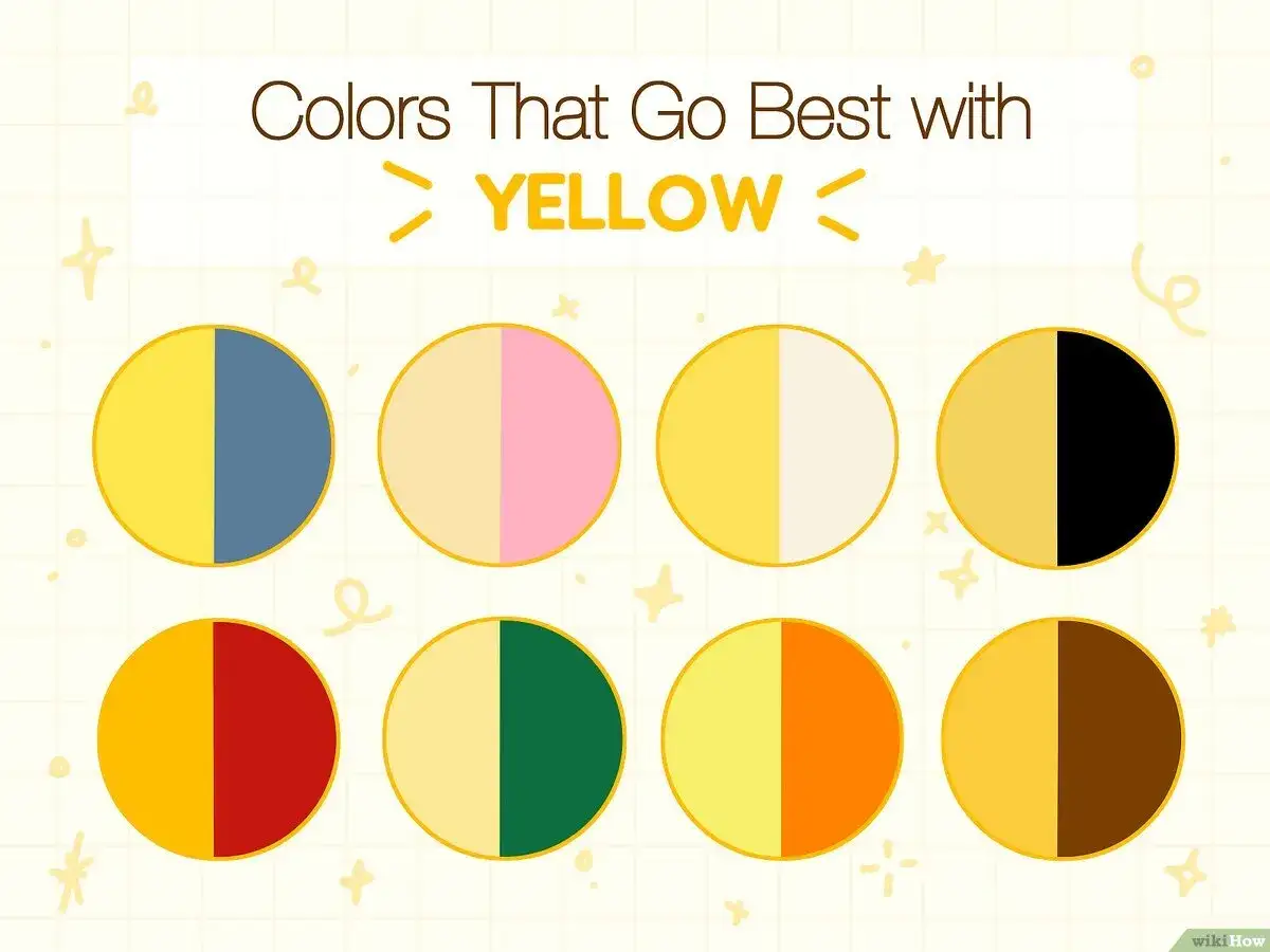 Welche Farbe passt zu Gelb? Acht Kreise zeigen Farbkombinationen: Gelb mit Blau, Rosa, Wei&szlig;, Schwarz, Rot, Gr&uuml;n, Orange und Braun.