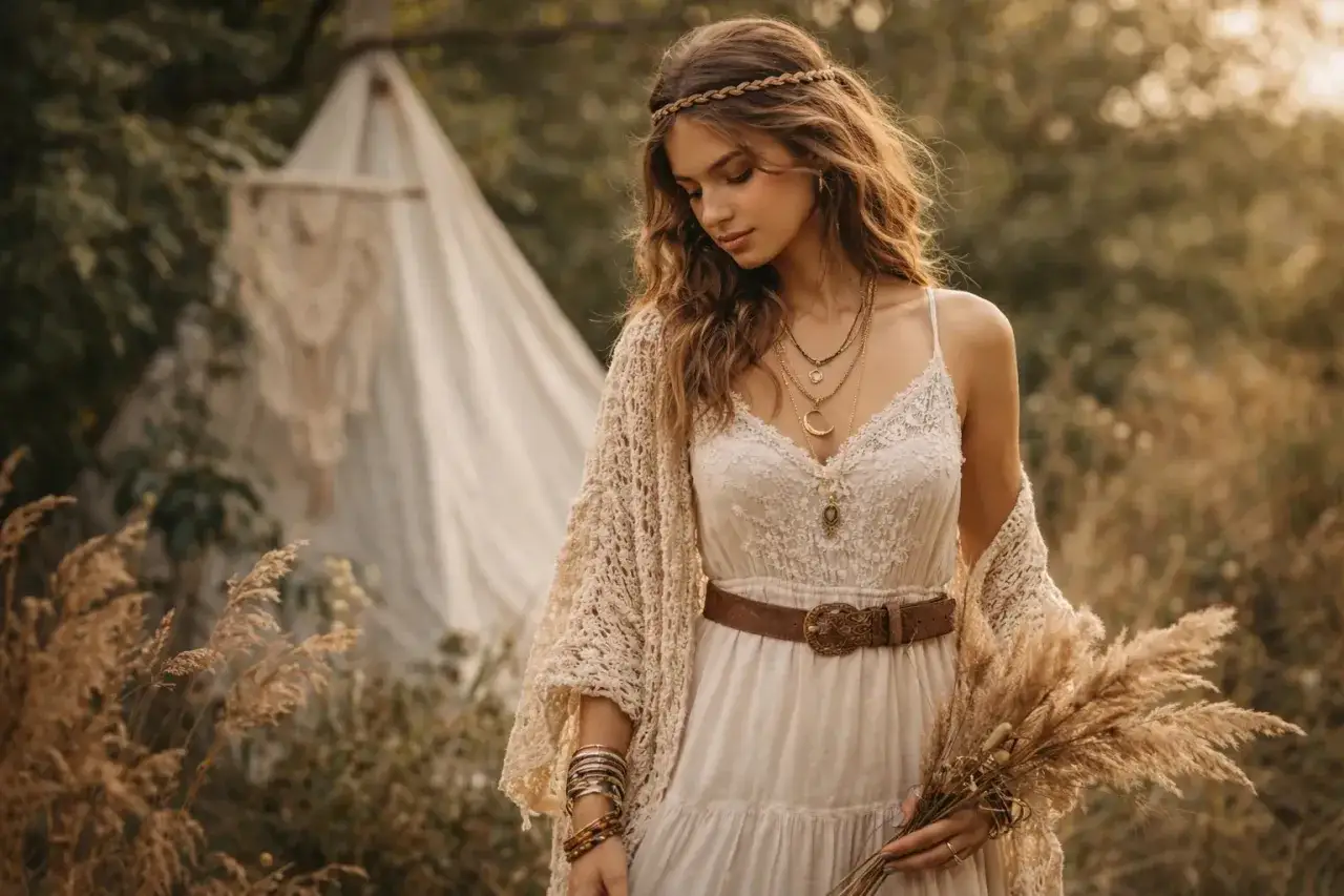 Braut im Boho-Stil mit Spitzenkleid, geh&auml;keltem Cardigan und Mond-Halskette. Perfekt f&uuml;r einen dresscode boho hochzeit im Freien.