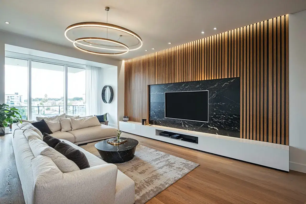 Ein Wohnzimmer, das zeigt, was bedeutet puristisch: klare Linien, natürliche Materialien wie Holz und Marmor, ein großes Sofa und eine moderne Beleuchtung.