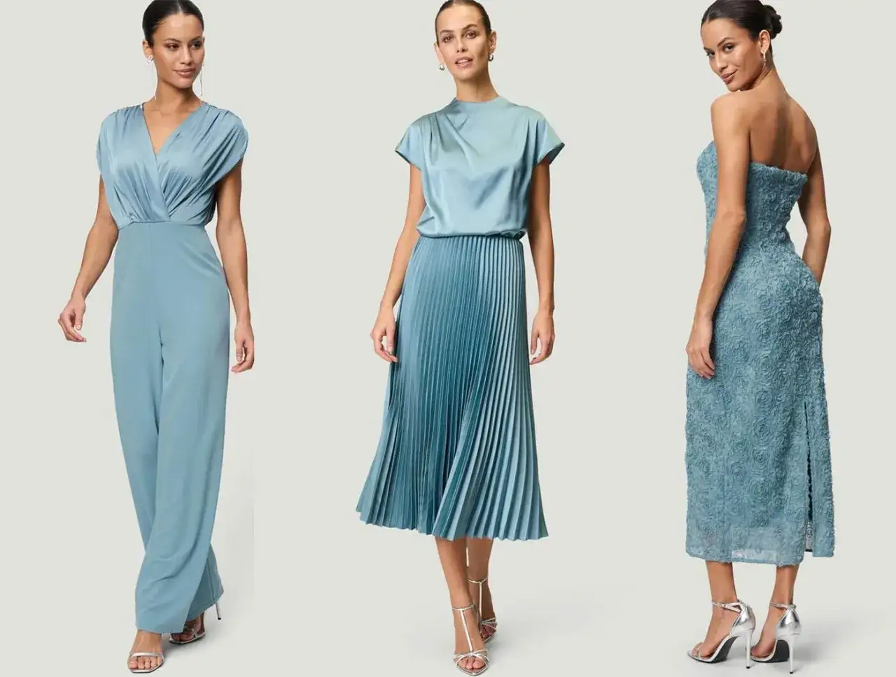 Drei Damen in eleganten blauen Kleidern, perfekt f&uuml;r die Hochzeit der Tochter. Ein Hosenanzug, ein Faltenrockkleid und ein bodenlanges Kleid.