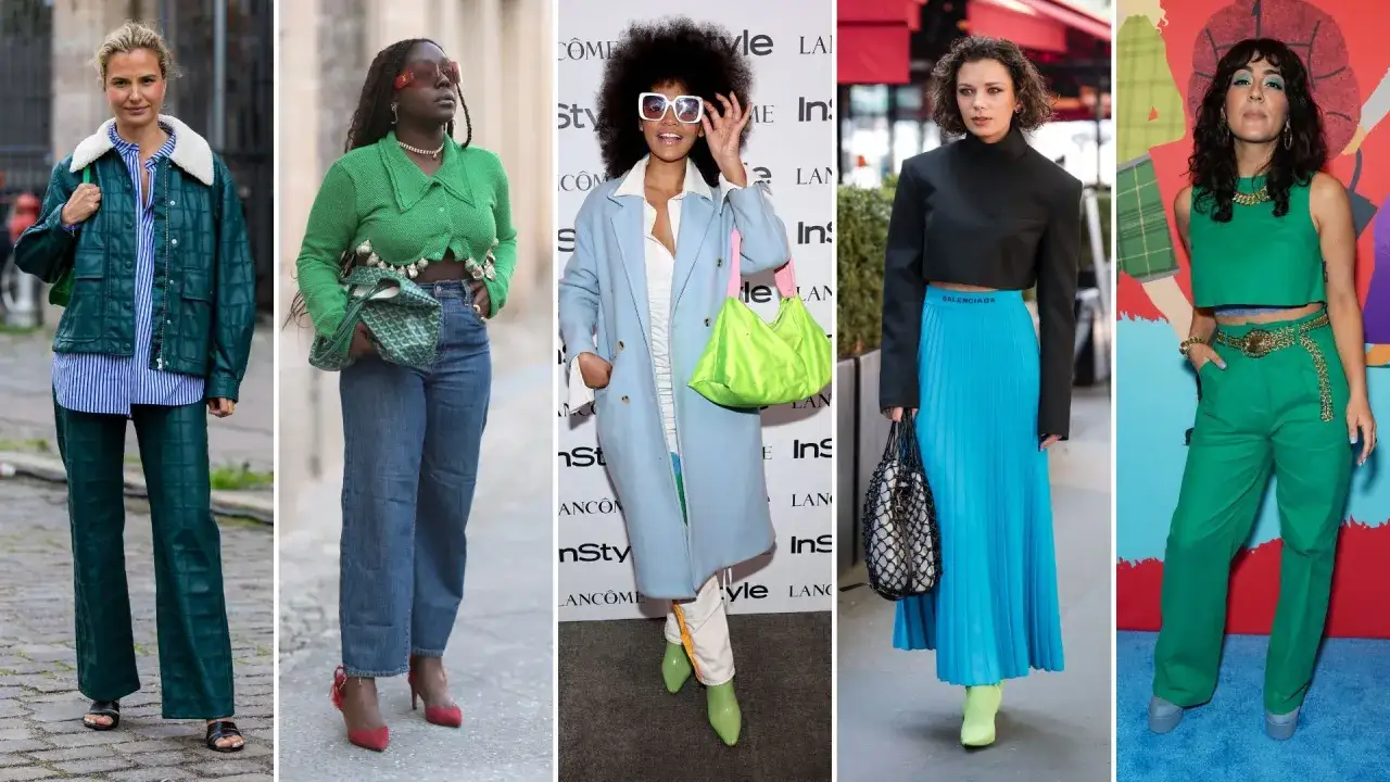 Fünf Frauen präsentieren modische Outfits in kräftigen Farben. Grün dominiert, vielleicht die Farbe des Jahres? Von elegant bis lässig ist alles dabei.