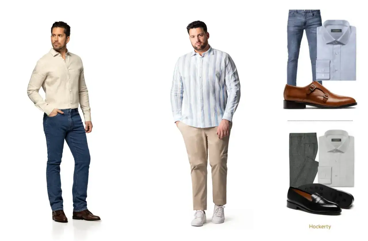 Zwei M&auml;nner pr&auml;sentieren Outfits im Stil business smart casual herren: l&auml;ssige Hemden mit Jeans oder Chinos und passenden Schuhen.