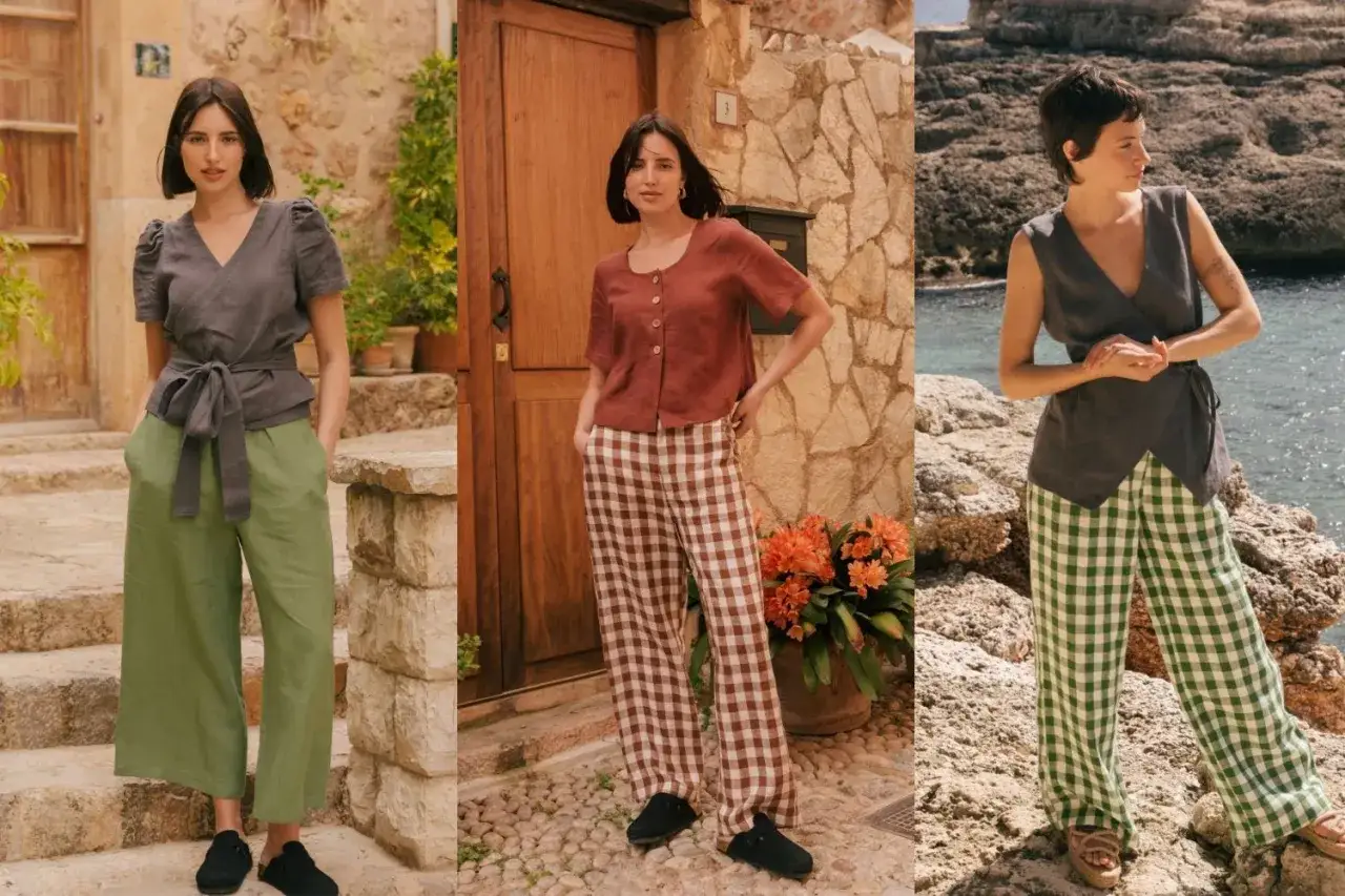 Drei Damen zeigen, wie man Leinenhose kombiniert: lässig mit Wickelshirt und weiten Hosen in Grün, kariert mit Kurzarmshirt oder ärmellosem Top.