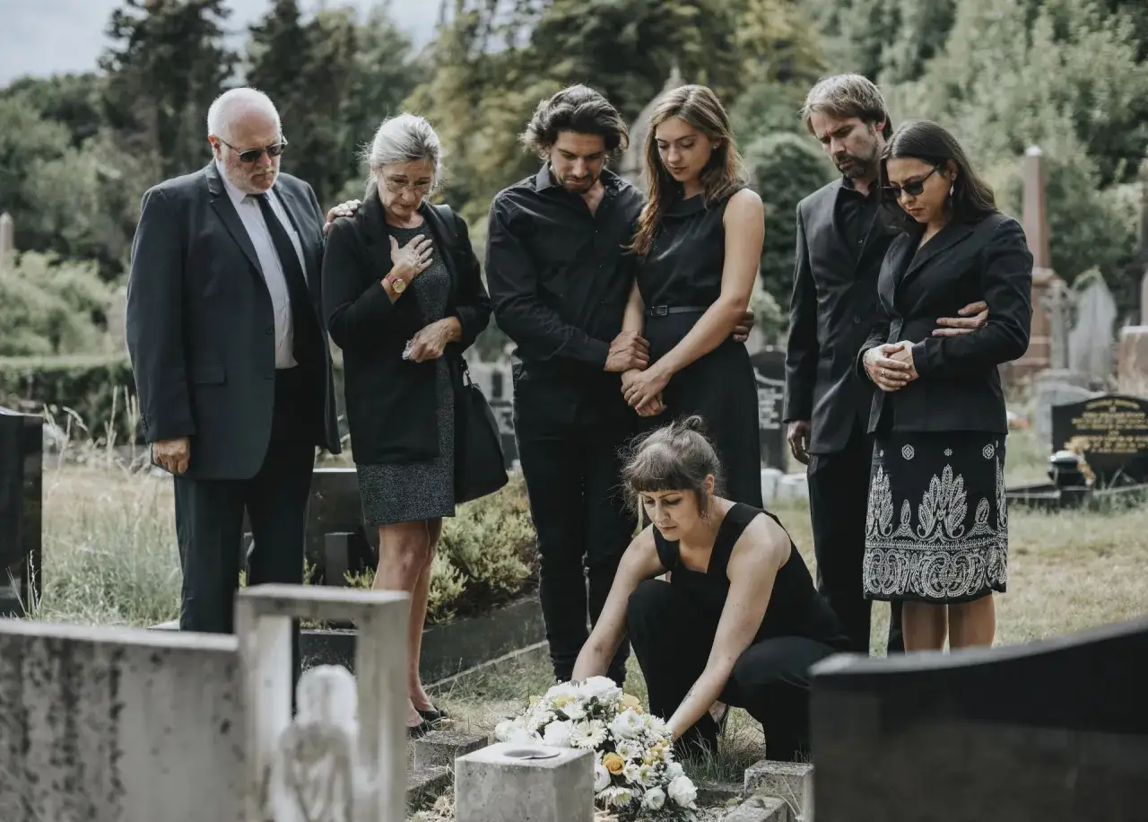 Trauernde Familie auf dem Friedhof. Frauen tragen dezente Kleider, was man zur Beerdigung anzieht als Frau.