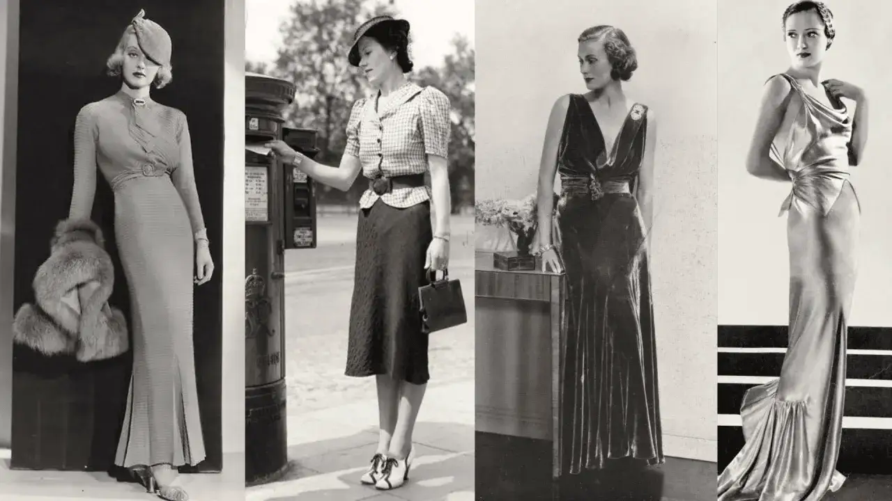 Vier Frauen pr&auml;sentieren elegante 30er Jahre Mode: bodenlange Kleider, Pelz und schicke H&uuml;te.