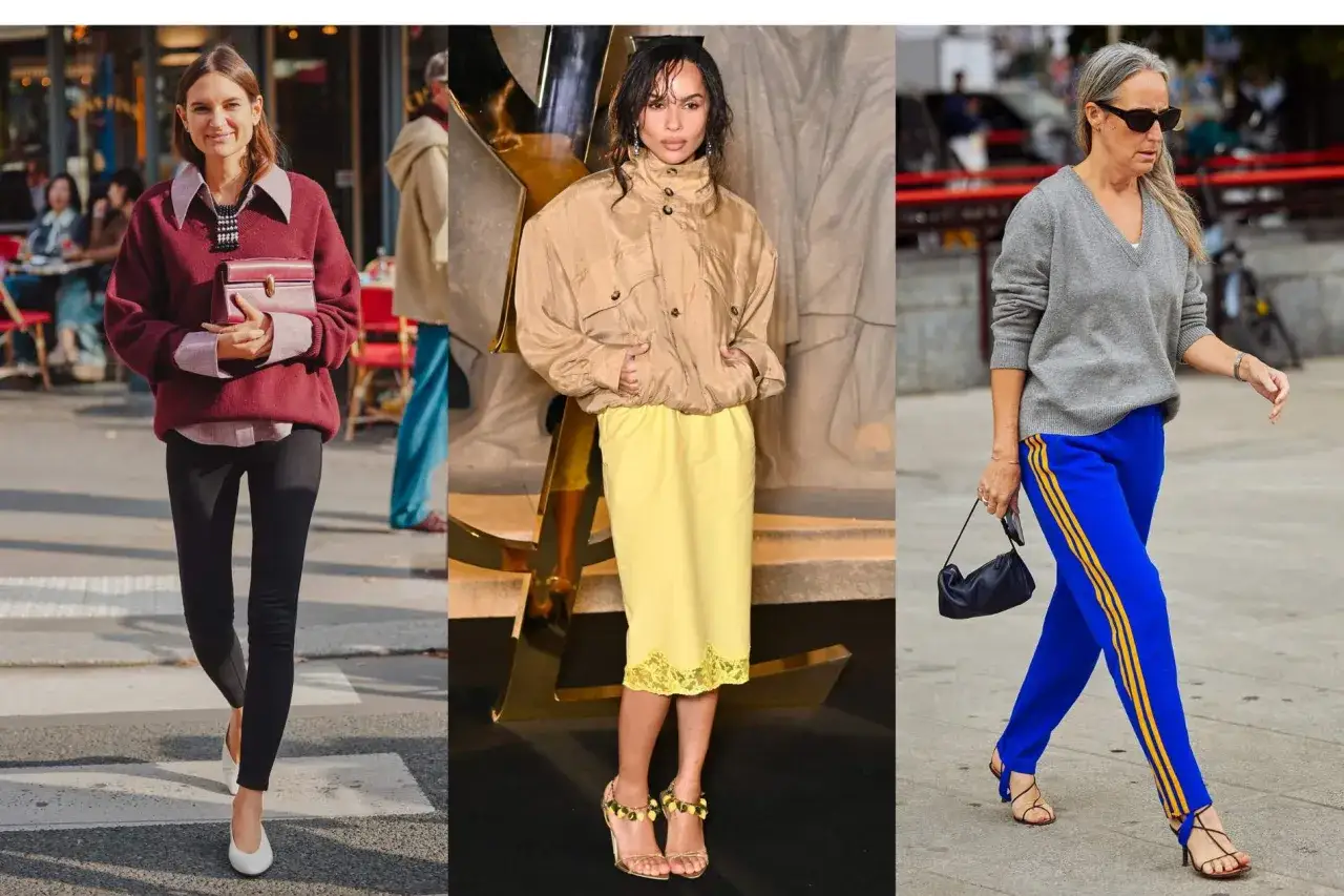 Drei Frauen präsentieren lässige Outfits im athleisure style: Strickpullover mit Leggings, Bomberjacke mit Rock und V-Pulli mit Sporthose.