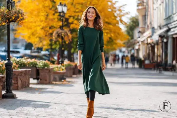 Frau spaziert lächelnd in einer grünen Tunika mit Leggings und braunen Stiefeln durch eine herbstliche Stadt.