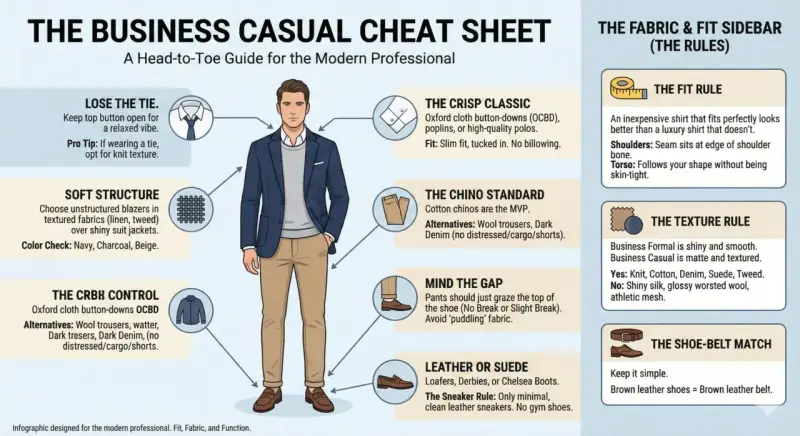 Mann im **business casual** Outfit: dunkelblaues Sakko, grauer Pullover, Khaki-Chinos, braune Loafer. Tipps für den perfekten Look.