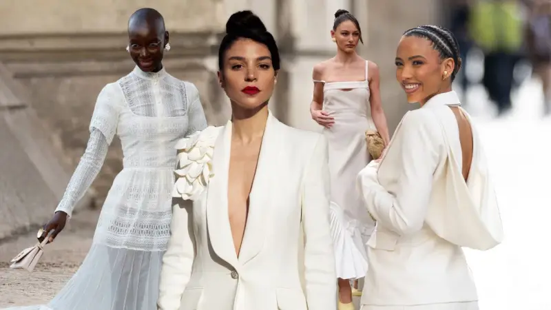 Vier Frauen in eleganten weißen Outfits, inspiriert für den Standesamt-Look. Spitze, Blazer und Kleider in Creme-Tönen.